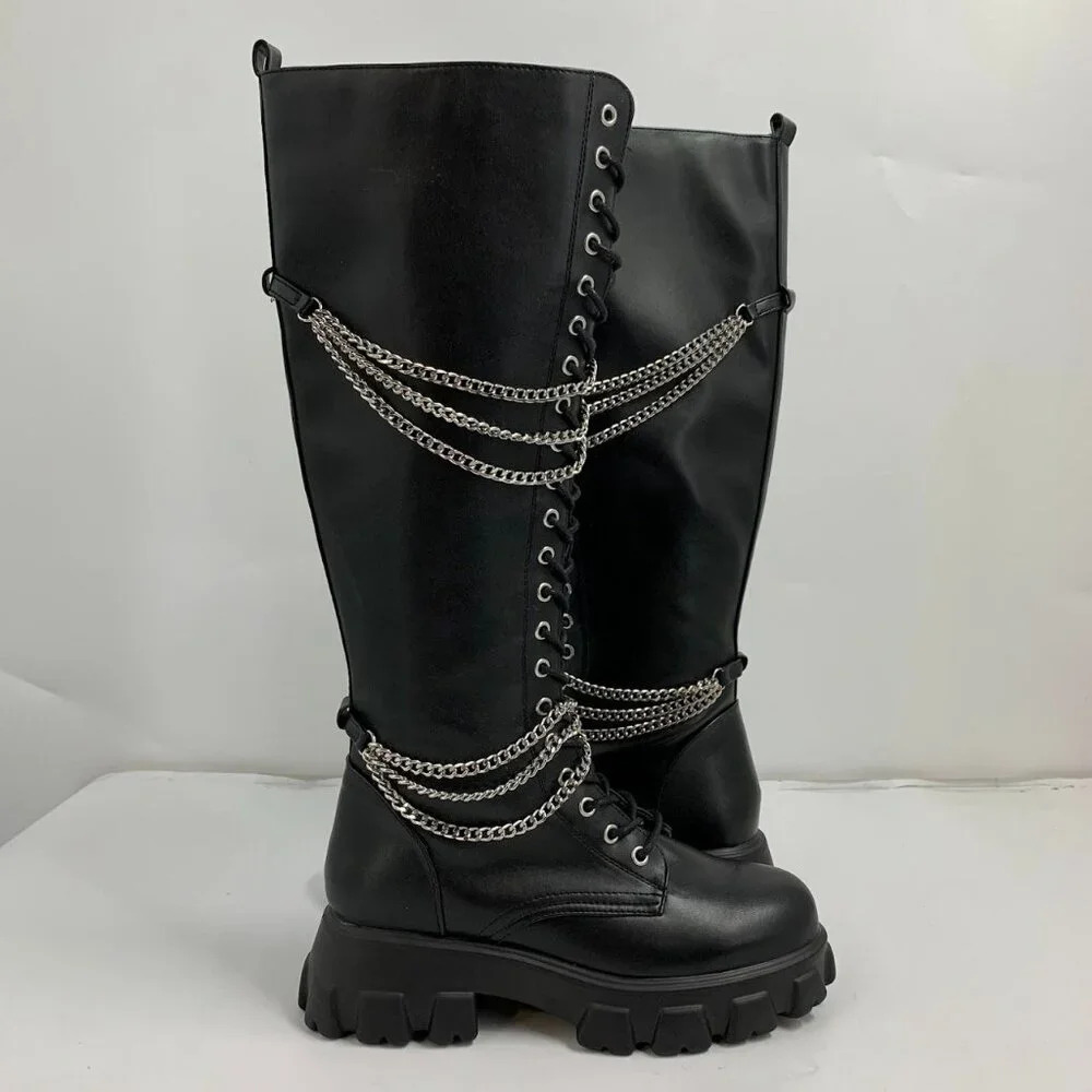 Hot Topic Women’s Black‎ Chains Platform Side Zip Knee-High Boots Size 10 NWOB - Picture 6 of 16